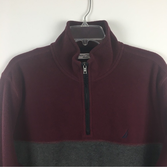 Nautica 1/4 Zip Pullover Jacket Sz Large Slim Fit Fleece Burgundy Color Block - Picture 3 of 10